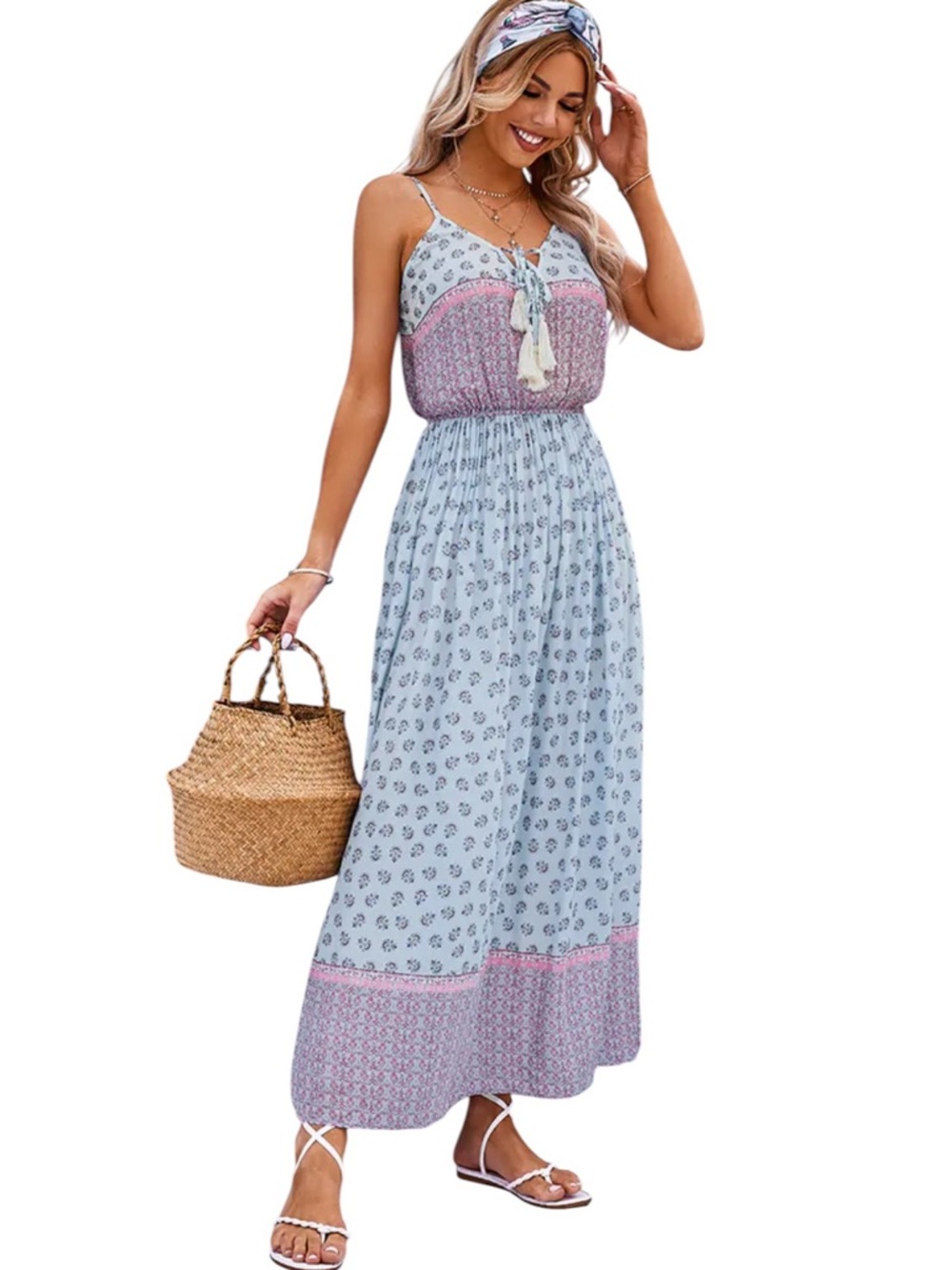 Cupshe Light Blue and Pink Boho Maxi Dress
